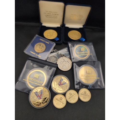 134 - A Collection of British Commemorative Medallions and Coins, including Royal Scots Gold-Plated Medall... 