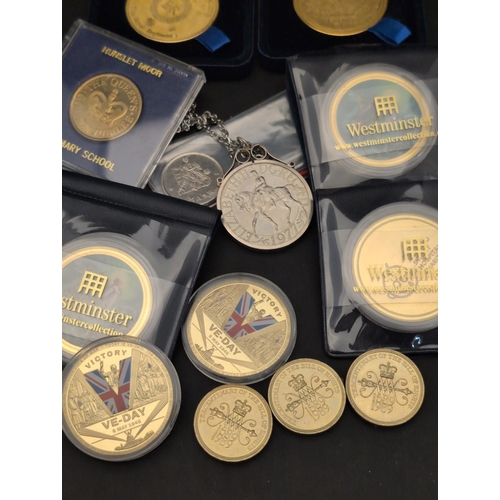 134 - A Collection of British Commemorative Medallions and Coins, including Royal Scots Gold-Plated Medall... 
