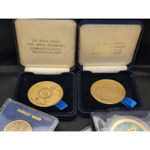 134 - A Collection of British Commemorative Medallions and Coins, including Royal Scots Gold-Plated Medall... 