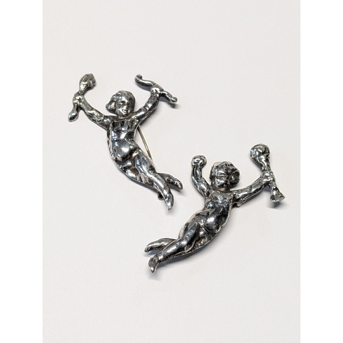 136 - A Pair of 1940's Sterling Silver Cherub Brooches, Brass Pins Gross Weight 22.04g