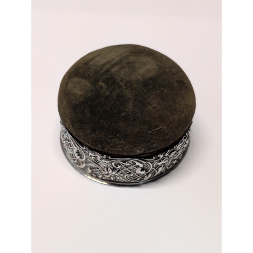 141 - An Edwardian Sterling Silver and Velvet Pin Cushion Box, Birmingham 1909 D9.5cm
