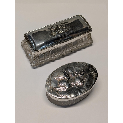 153 - Two English Sterling Silver and Cut Glass Repousse Dresser Boxes. Large H 4.5cm, L 12cm, W 6cm. Smal... 