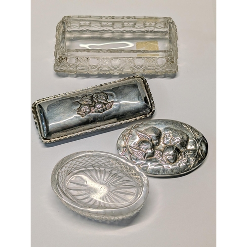 153 - Two English Sterling Silver and Cut Glass Repousse Dresser Boxes. Large H 4.5cm, L 12cm, W 6cm. Smal... 