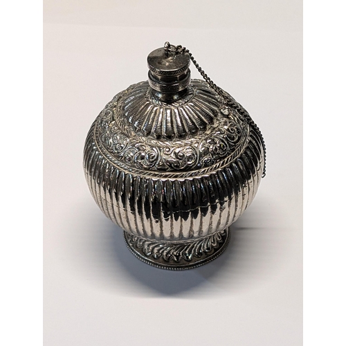 156 - Antique Unusual White Metal Bottle. H 12cm, 9cm dia. 193g