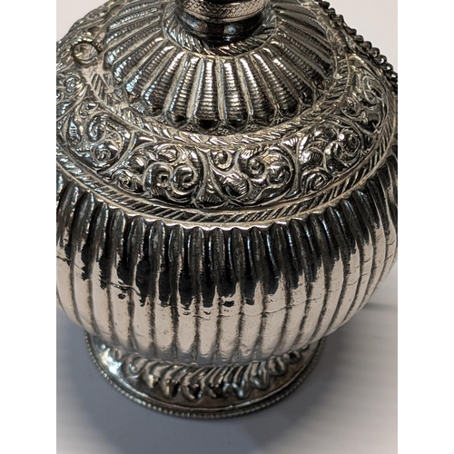156 - Antique Unusual White Metal Bottle. H 12cm, 9cm dia. 193g