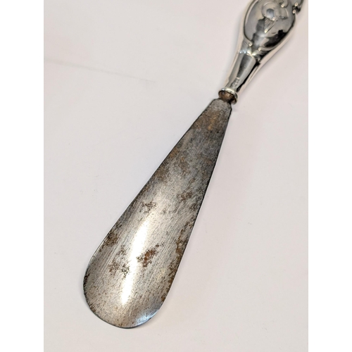 158 - Three Edwardian Sterling Silver Dressing Table items Including Chester Hallmarks. Shoe horn L 26cm. ... 