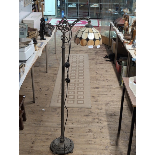 90 - An Art Deco Style Cast Iron Floor Lamp with Tiffany Style Shade, 143cm Tall, Shipping Unavailable