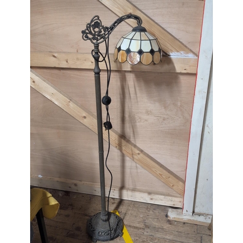 90 - An Art Deco Style Cast Iron Floor Lamp with Tiffany Style Shade, 143cm Tall, Shipping Unavailable
