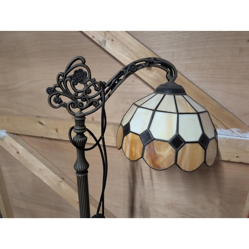 90 - An Art Deco Style Cast Iron Floor Lamp with Tiffany Style Shade, 143cm Tall, Shipping Unavailable