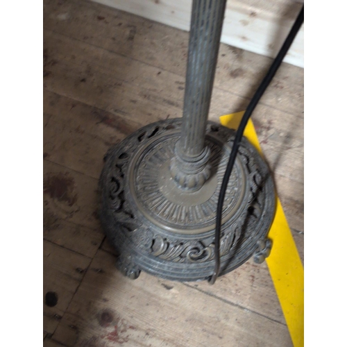 90 - An Art Deco Style Cast Iron Floor Lamp with Tiffany Style Shade, 143cm Tall, Shipping Unavailable