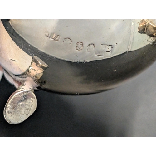 134 - A Pair of English Sterling Silver Three-Footed Salt Cellars. Worn Hallmarks, H 4cm, 7cm dia 124g