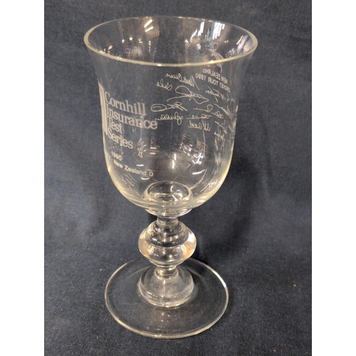 140 - Cornhill Insurance Test Series Cricket 1980 Commemorative Glass Goblet. With etched signatures. H 17... 