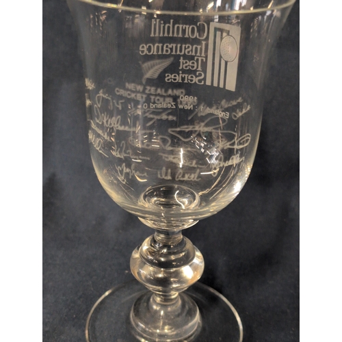 140 - Cornhill Insurance Test Series Cricket 1980 Commemorative Glass Goblet. With etched signatures. H 17... 