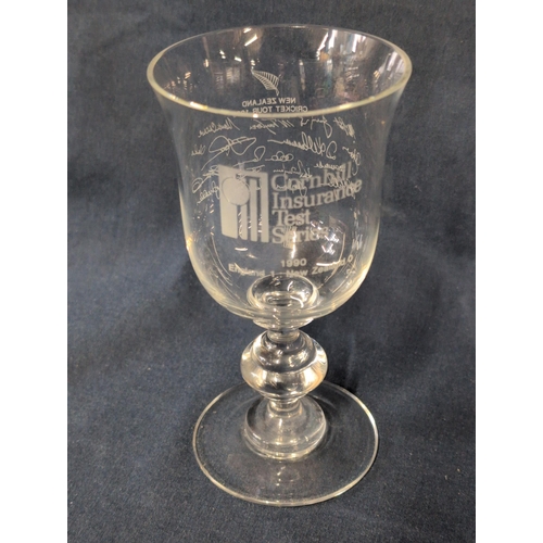 140 - Cornhill Insurance Test Series Cricket 1980 Commemorative Glass Goblet. With etched signatures. H 17... 