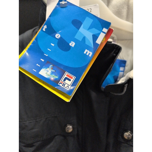 122 - FILA Ski Team Black One-Piece Ski Suit, new with tags Size USA 10