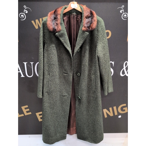 131 - Vintage 1960s Green Bouclé Wool Coat with Fur Collar