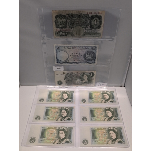 156 - A Collection of British Banknotes, including Bank of England One Pound Notes and a Royal Bank of Sco... 