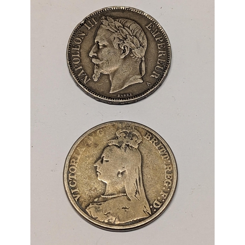 172 - Great Britain 1891 Silver Crown Queen Victoria and French Empire 1870 5 Francs Napoleon III Coins
