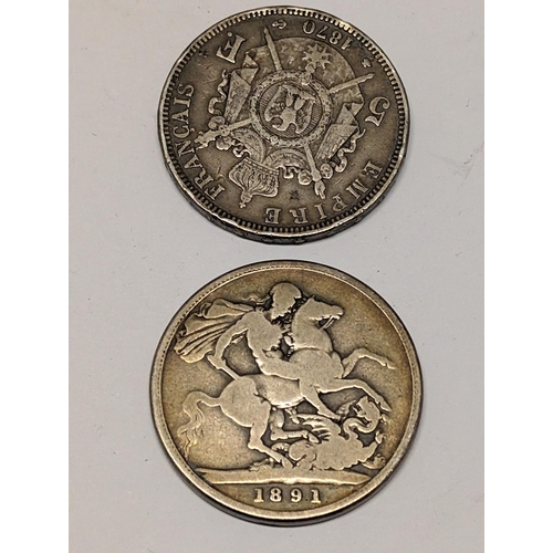 172 - Great Britain 1891 Silver Crown Queen Victoria and French Empire 1870 5 Francs Napoleon III Coins