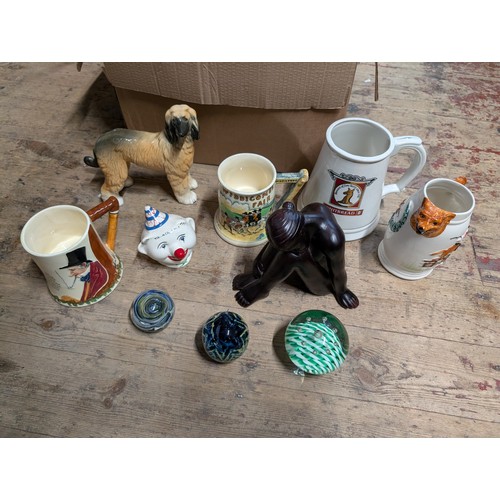 104 - Two Boxes of Assorted Ceramics Including Glass Paperweights, Porcelain Figures and Crown Devon Widde... 