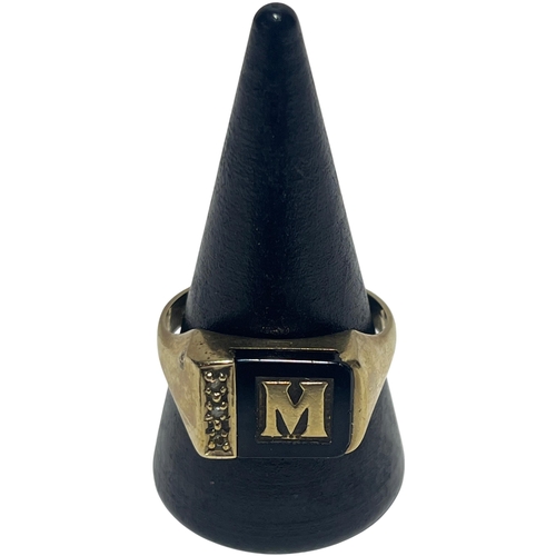 106 - A 9ct Gold Onyx and Diamond Initial M Signet Ring Size U 5g