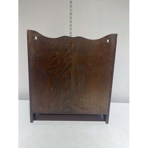 23 - Antique Edwardian Carved Oak Smokers Cabinet and contents.  46cm x 41cm x 19cm. No shipping.