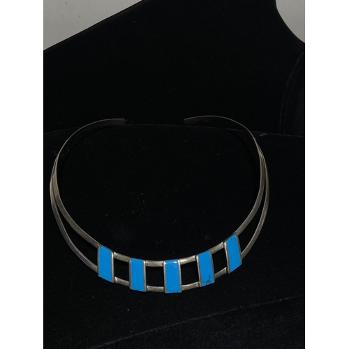 113 - Sterling Silver and Turquoise Channel Inlay Ladder neck Cuff