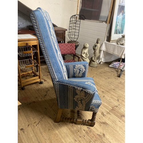 58 - A William and Mary Style Upholstered High-Back Armchair. No shipping.