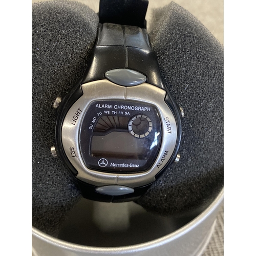 45 - Two Items Including a Mercedes-Benz Digital Wristwatch and an Ornate white Metal Filigree Container
