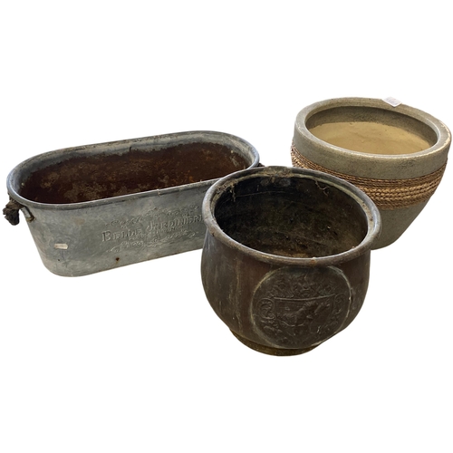 82 - A Trio of Decorative Garden Planters Including a Cast Metal Heraldic Cauldron and a Galvanised Belle... 