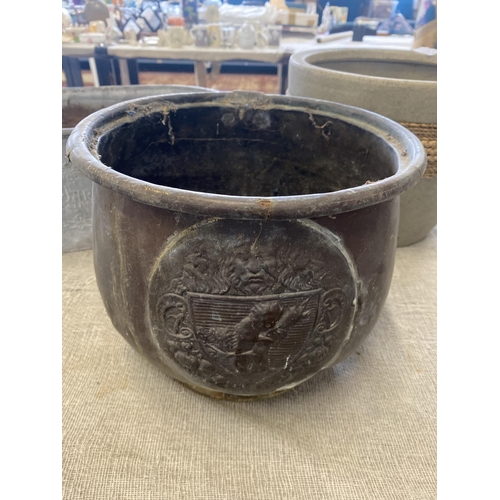 82 - A Trio of Decorative Garden Planters Including a Cast Metal Heraldic Cauldron and a Galvanised Belle... 
