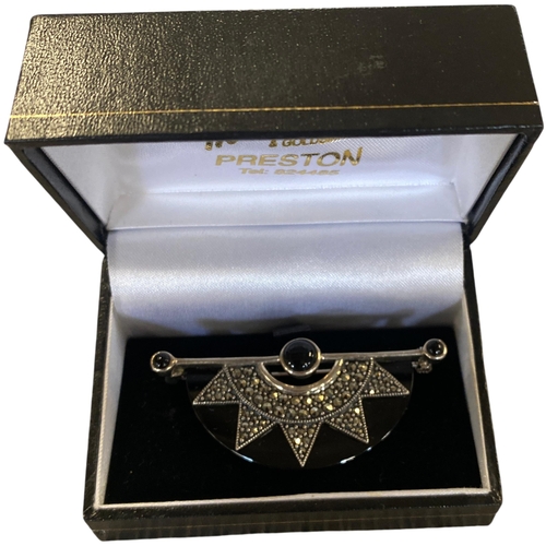 86 - Art Deco Style Sterling Silver Onyx and Marcasite Starburst Bar Brooch