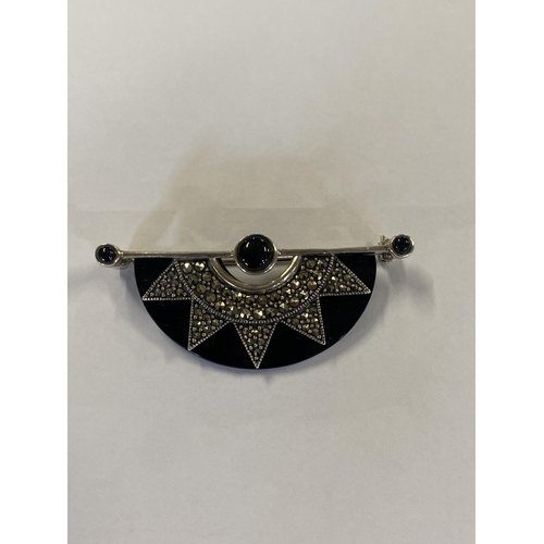 86 - Art Deco Style Sterling Silver Onyx and Marcasite Starburst Bar Brooch
