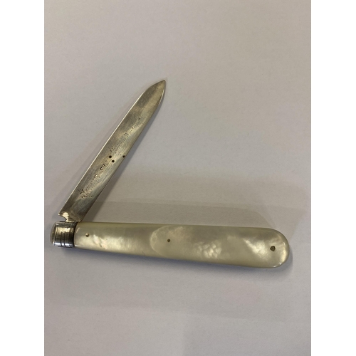 85 - Victorian Sterling Silver and Mother-of-Pearl Folding Fruit Knife, John Biggin, Sheffield 1855