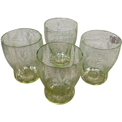 72 - A Set of Four Uranium Glass Tumblers with Etched Foliate Motif
