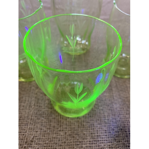 72 - A Set of Four Uranium Glass Tumblers with Etched Foliate Motif