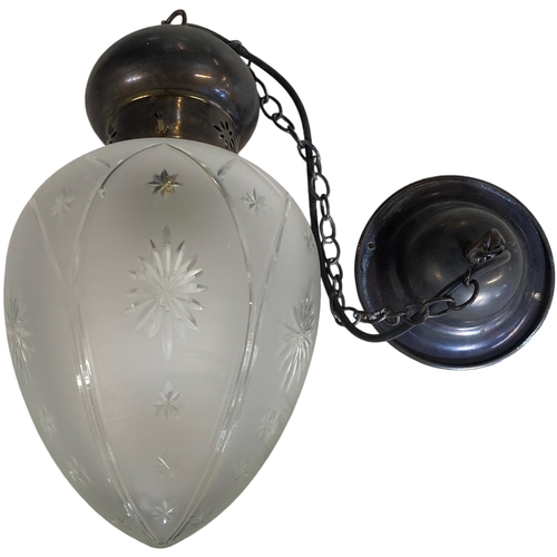 191 - An Edwardian Frosted Glass Hall Lantern with Wheel-Cut Starburst Decoration. 37cm in length No shipp... 