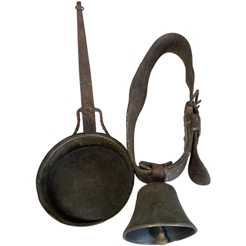 74 - Two Antique Rural Metalware Objects comprising a Cast Metal Livestock Bell and a Copper Melting Pan.... 