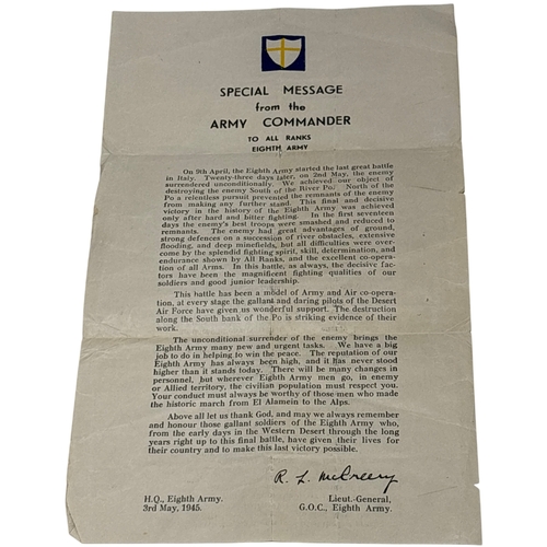 92 - A Second World War Eighth Army Victory Message from Lieutenant-General Sir Richard McCreery dated 3r... 