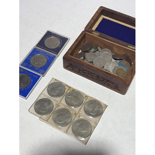 151 - A Collection of UK Commemorative Crowns and Mixed Circulating Coinage in a Carved Wooden Box
