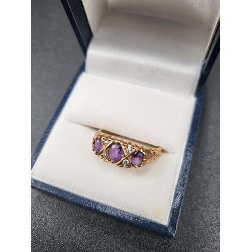 5 - 9ct Gold Diamond & Amethyst Ring Three Larger Amethysts & Four Small Diamonds Fully Hallmark... 