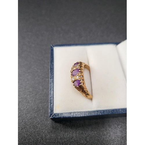 5 - 9ct Gold Diamond & Amethyst Ring Three Larger Amethysts & Four Small Diamonds Fully Hallmark... 