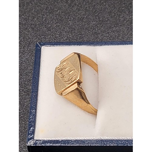 6 - 9ct Gold Gents Signet Ring Has Inscription JGD Also Inside Has EB-JD 1.1.60 Fully Hallmarked Size U ... 