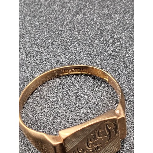 6 - 9ct Gold Gents Signet Ring Has Inscription JGD Also Inside Has EB-JD 1.1.60 Fully Hallmarked Size U ... 