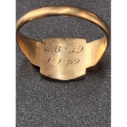 6 - 9ct Gold Gents Signet Ring Has Inscription JGD Also Inside Has EB-JD 1.1.60 Fully Hallmarked Size U ... 