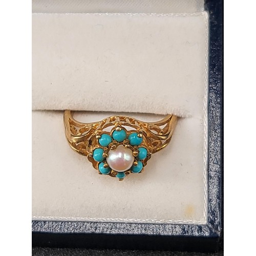 11 - 9ct Gold Turquoise & Pearl Cluster Size P Fully Hallmarked (Weight 3g)