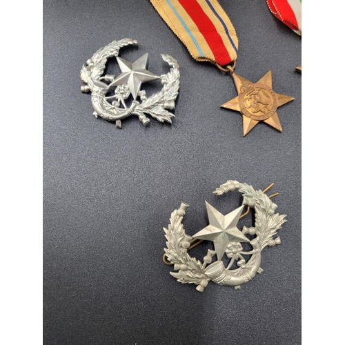 13 - Second World War Medals Along With Africa Star, The Italy Star & Two Cameronians Cap Badges, Rib... 