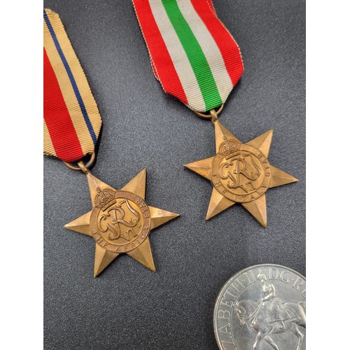 13 - Second World War Medals Along With Africa Star, The Italy Star & Two Cameronians Cap Badges, Rib... 