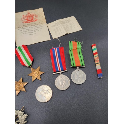 13 - Second World War Medals Along With Africa Star, The Italy Star & Two Cameronians Cap Badges, Rib... 