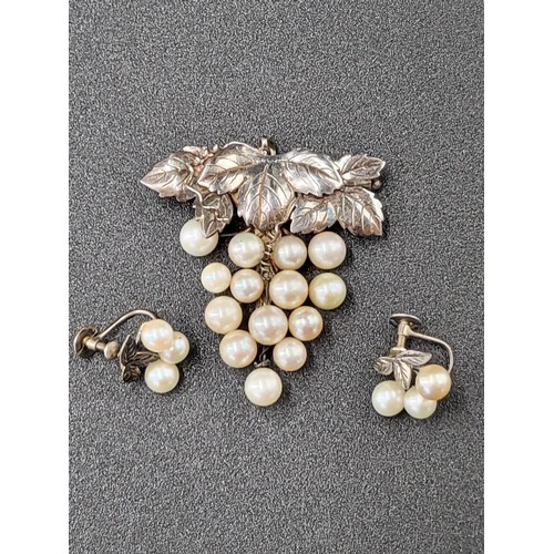 39 - Japanese Cultured Pearl Brooch & Earrings Set in Silver